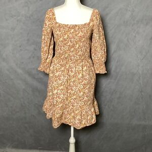 Sim & Sam L Brown Floral Smocked Puff Sleeve Cottagecore Coquette Mini Dress